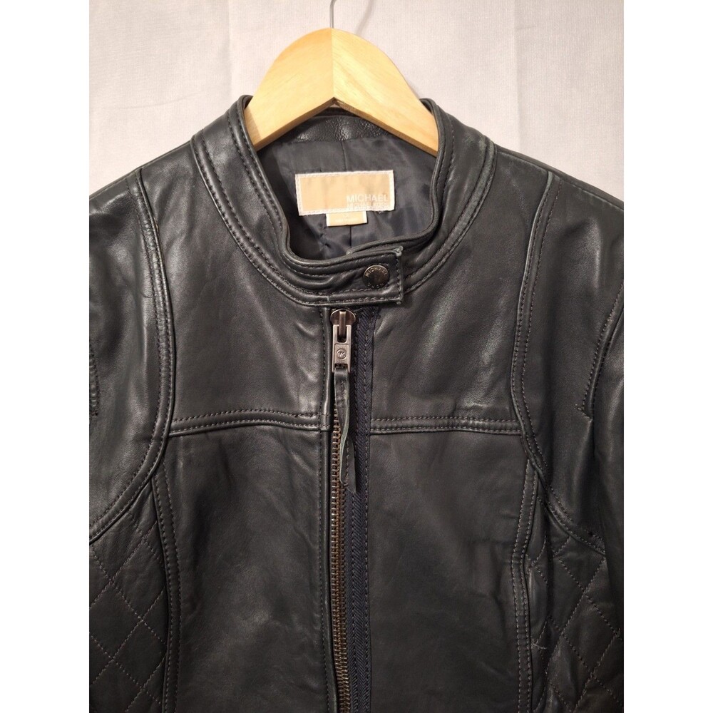 Michael Kors Women's Black Genuine Leather Moto Biker Jacket Large Zip Pockets - Picture 4 of 13